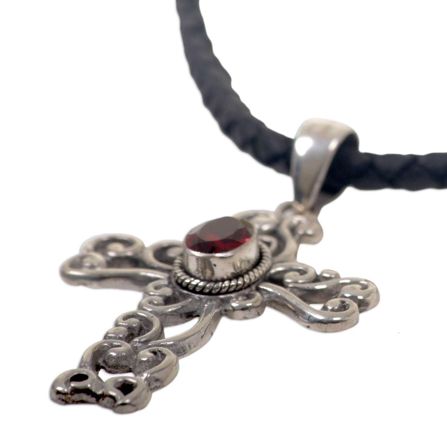 Balinese Cross Silver & Garnet Pendant Necklace