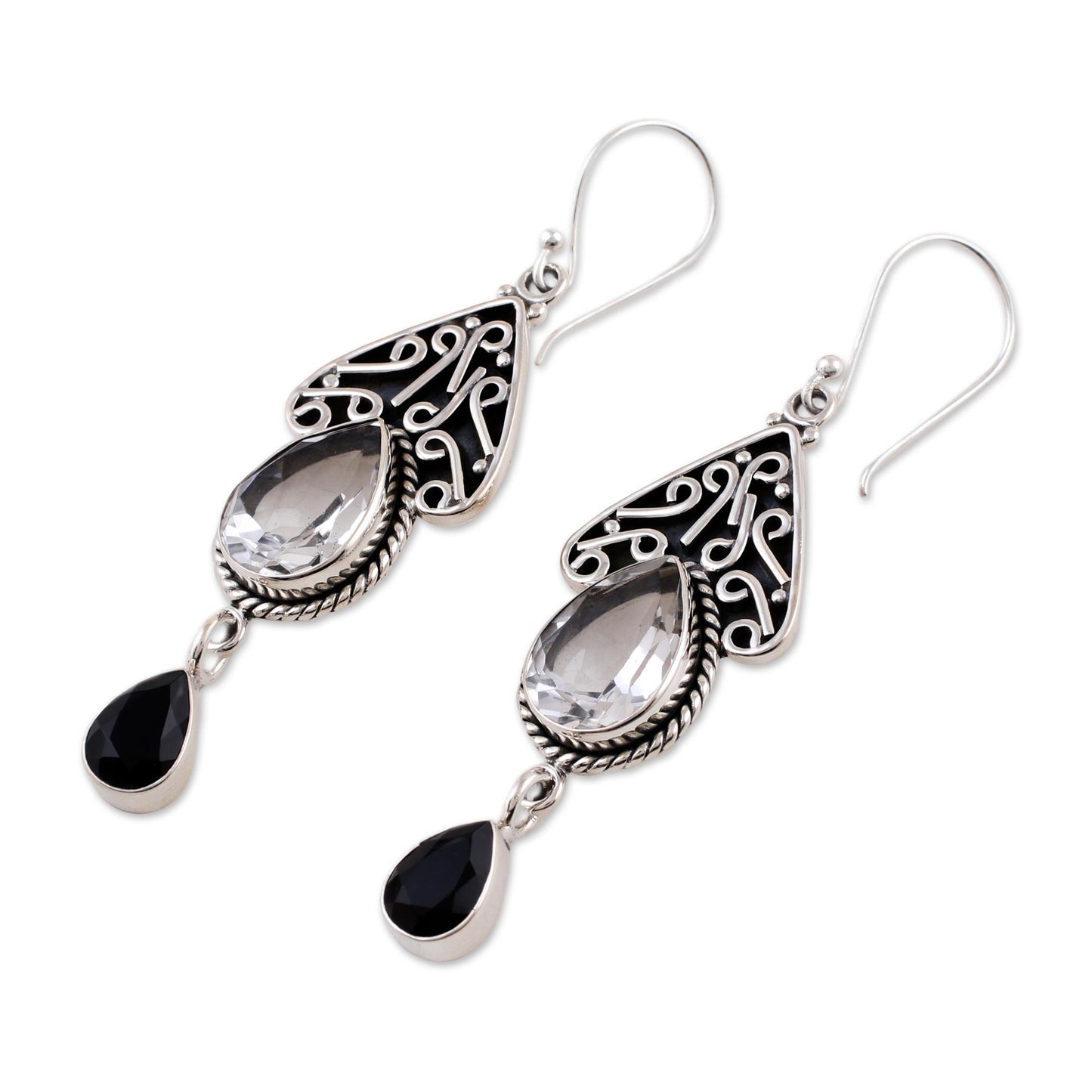 Queen of Jaipur Quartz and Onyx Silver Dangle Earrings