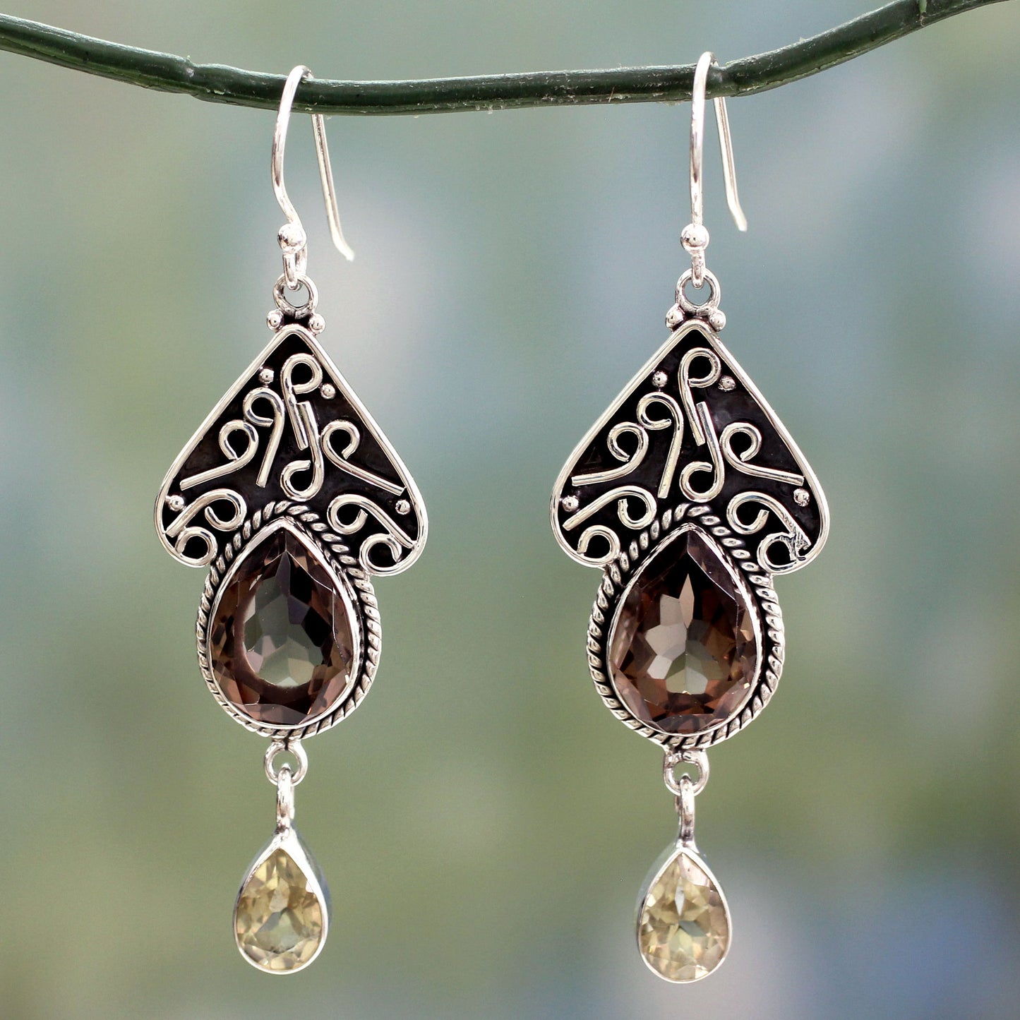 Queen of Jaipur Smoky Quartz on Sterling Silver Artisan Crafted Earrings