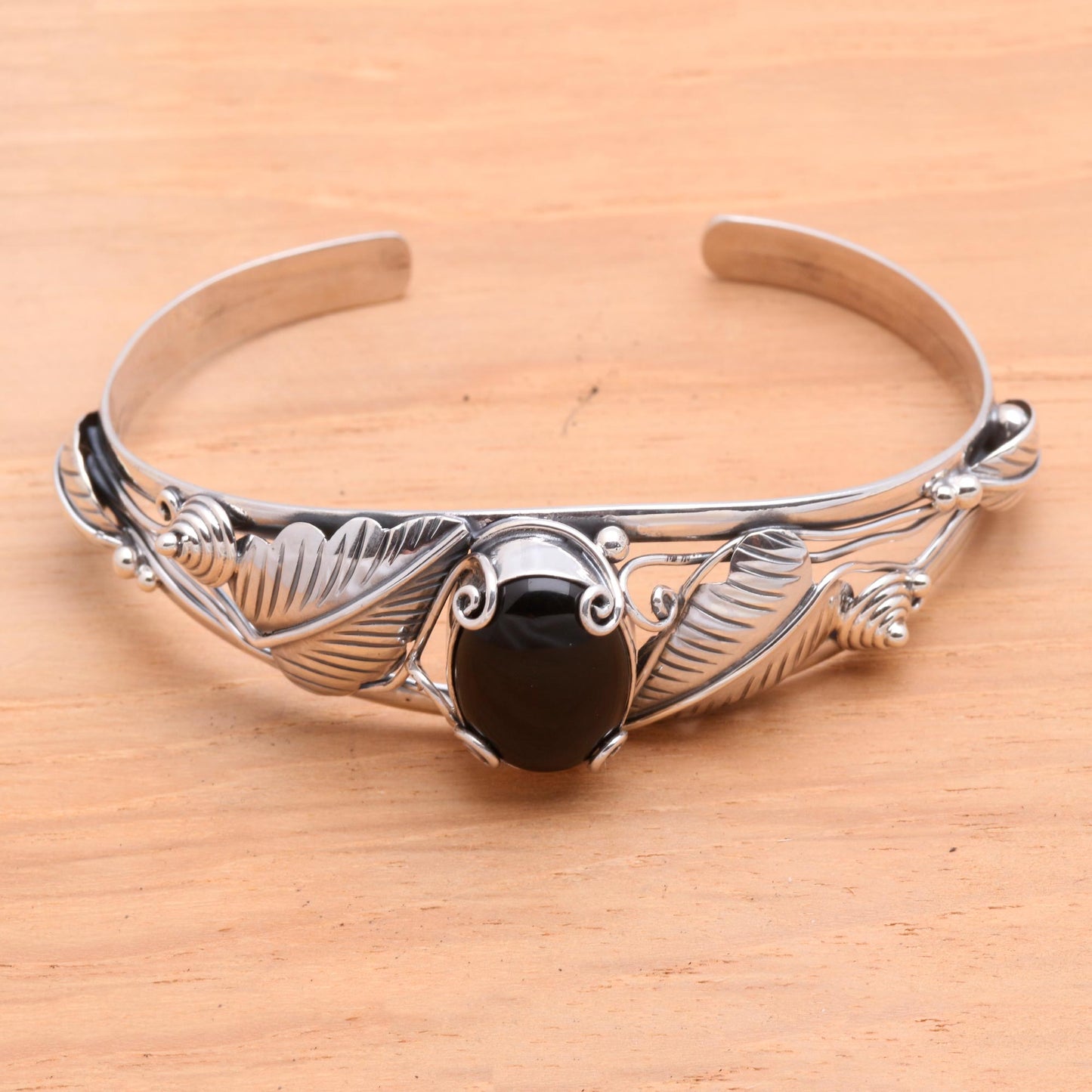 Black Lily Floral Onyx Sterling Silver Cuff Bracelet