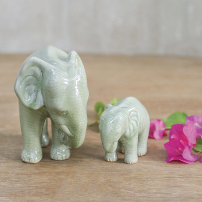 NOVICA - Mom & Baby Elephant Celadon Ceramic Statuettes