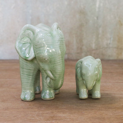 NOVICA - Mom & Baby Elephant Celadon Ceramic Statuettes