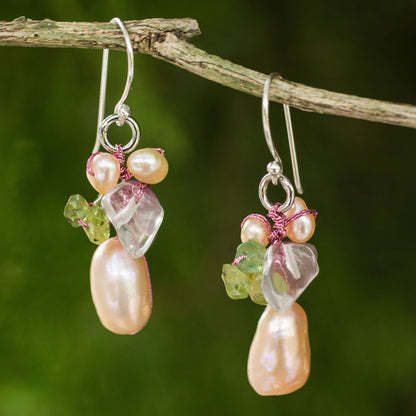 Rosy Dawn Multi-Gem & Pearl Cluster Earrings