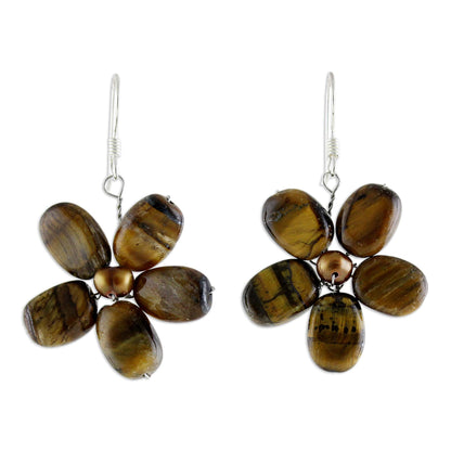 Paradise Pearl & Tiger's Eye Flower Earrings