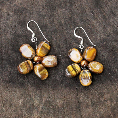 Paradise Pearl & Tiger's Eye Flower Earrings