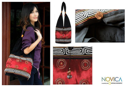 NOVICA - Ruby Silk And Cotton Embroidered Shoulder Bag