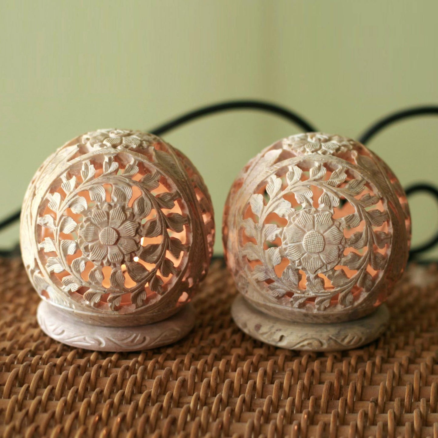 World is a Flower Hand Carved Jali Soapstone Candle Holders (Pair)