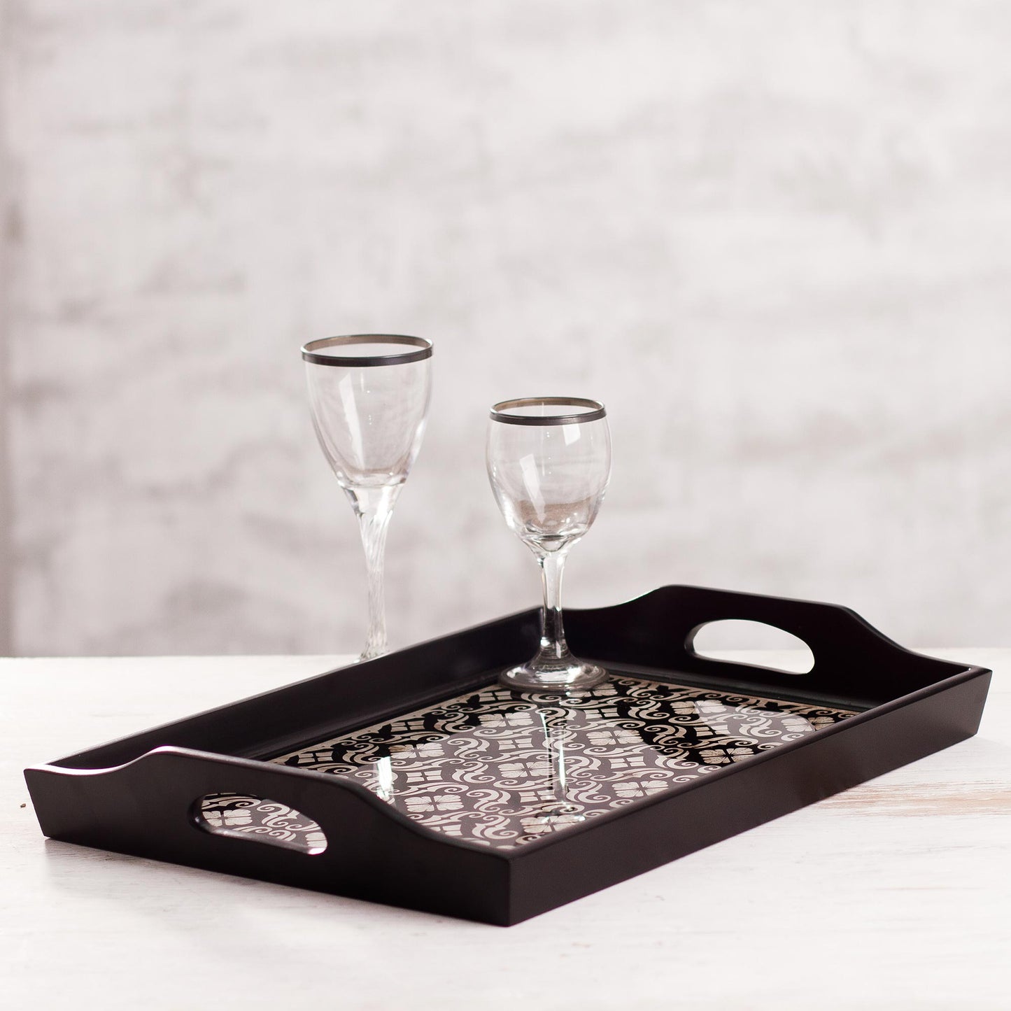 Floral Muse Handmade Black Reverse Painted Glass Serving Tray