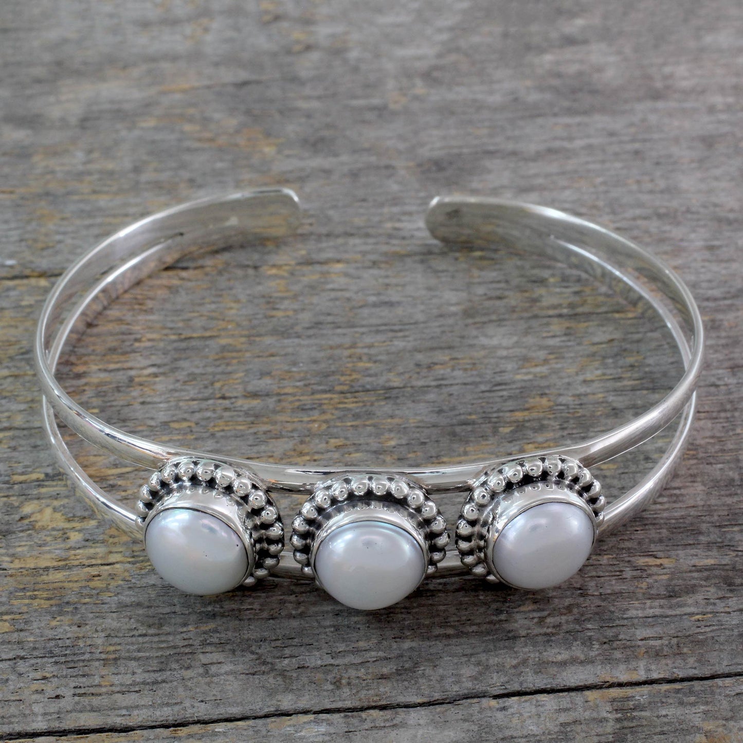 Moonlight Trio Hand Made Indian Sterling Silver Cuff Pearl Bracelet