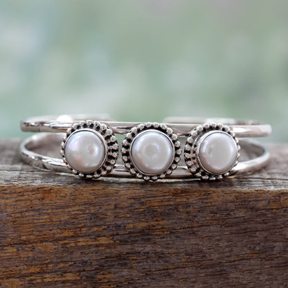 Moonlight Trio Hand Made Indian Sterling Silver Cuff Pearl Bracelet