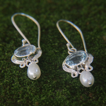 Blue Topaz & Pearl Drop Earrings