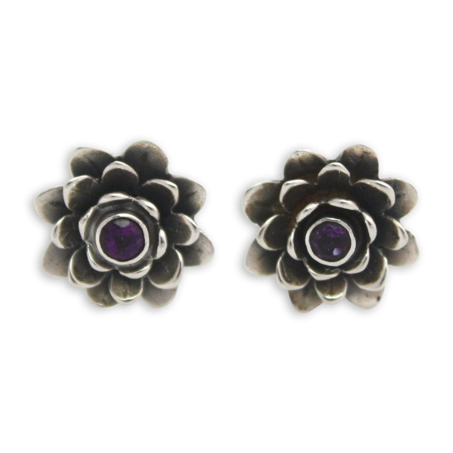 Lilac-Eyed Lotus Artisan Crafted Floral Amethyst Button Earrings