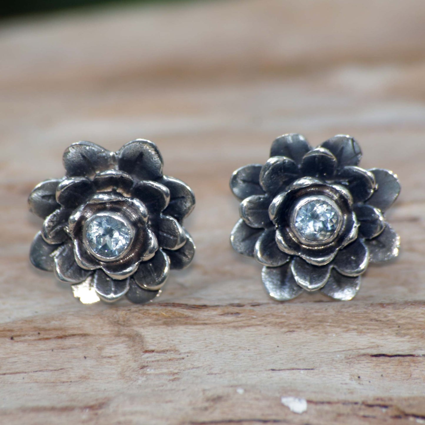 Blue-Eyed Lotus Sterling Silver and Blue Topaz Button Earrings