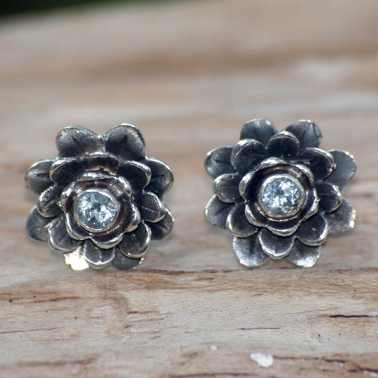 Blue-Eyed Lotus Sterling Silver and Blue Topaz Button Earrings