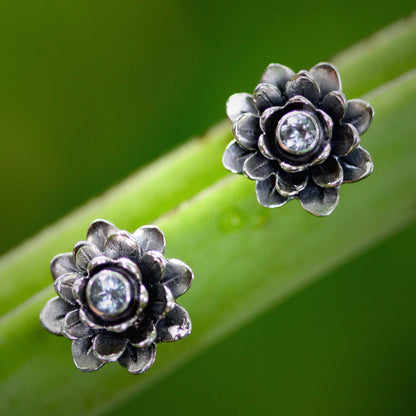 Blue-Eyed Lotus Sterling Silver and Blue Topaz Button Earrings