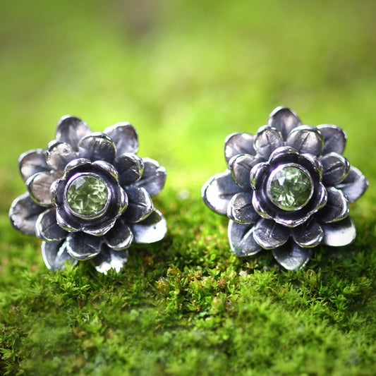 Green-Eyed Lotus Peridot Button Earrings