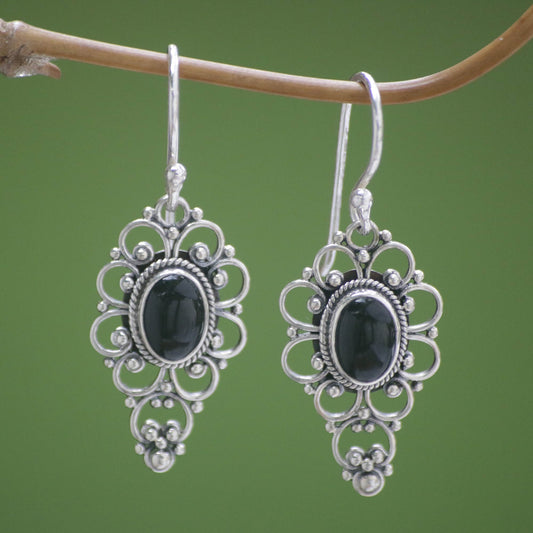 Precious Night Onyx Cabochon Dangle Earrings