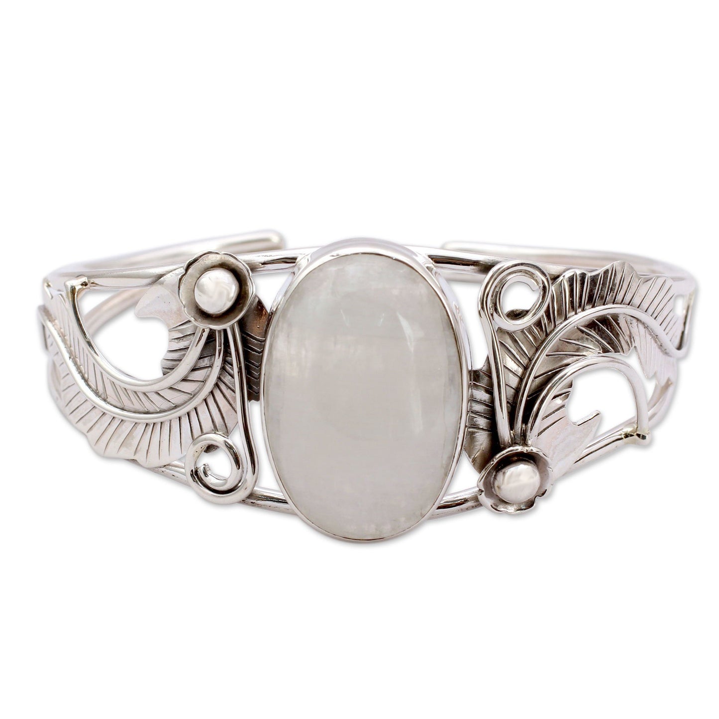 Rainbow Moonstone & Sterling Silver Floral Cuff Bracelet