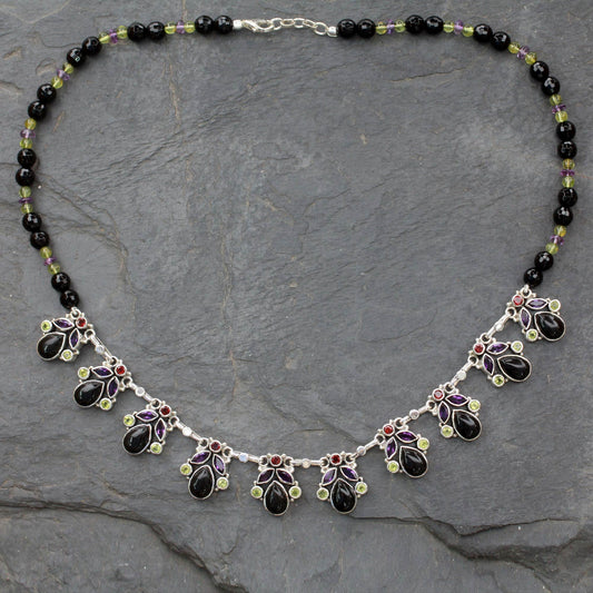 Abundance Onyx and Multigem Sterling Silver Waterfall Necklace