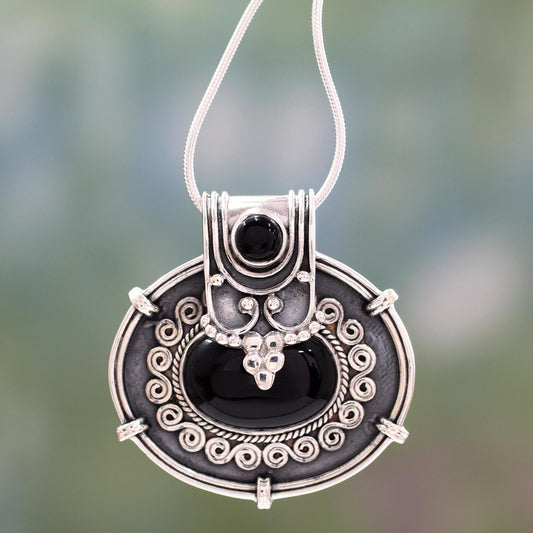 Traditional Chic Onyx Pendant Necklace in Oxidized Sterling Silver from India