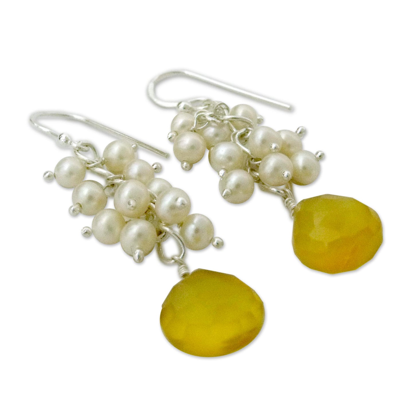 Golden Shimmer Pearl and chalcedony cluster earrings