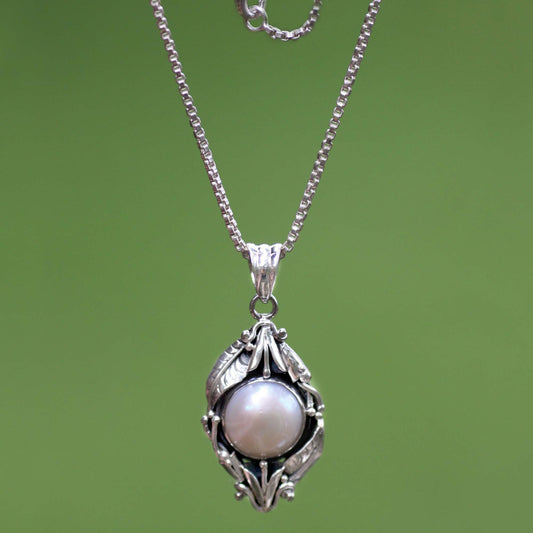 Nest of Lilies Sterling Silver and Cultured Pearl Pendant Necklace