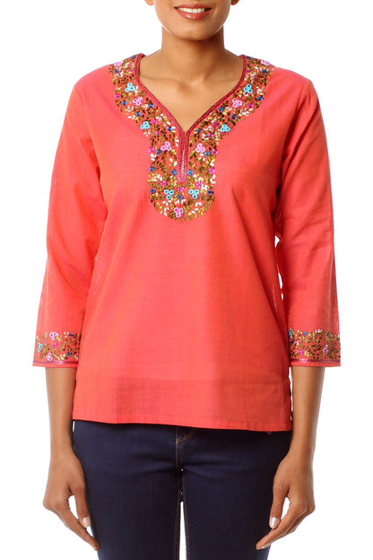 Tangerine Floral Handcrafted Floral Cotton Orange Blouse Tunic Top