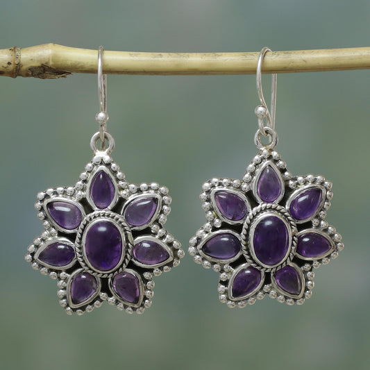 Purple Blossom Unique Floral Sterling Silver and Amethyst Dangle Earrings