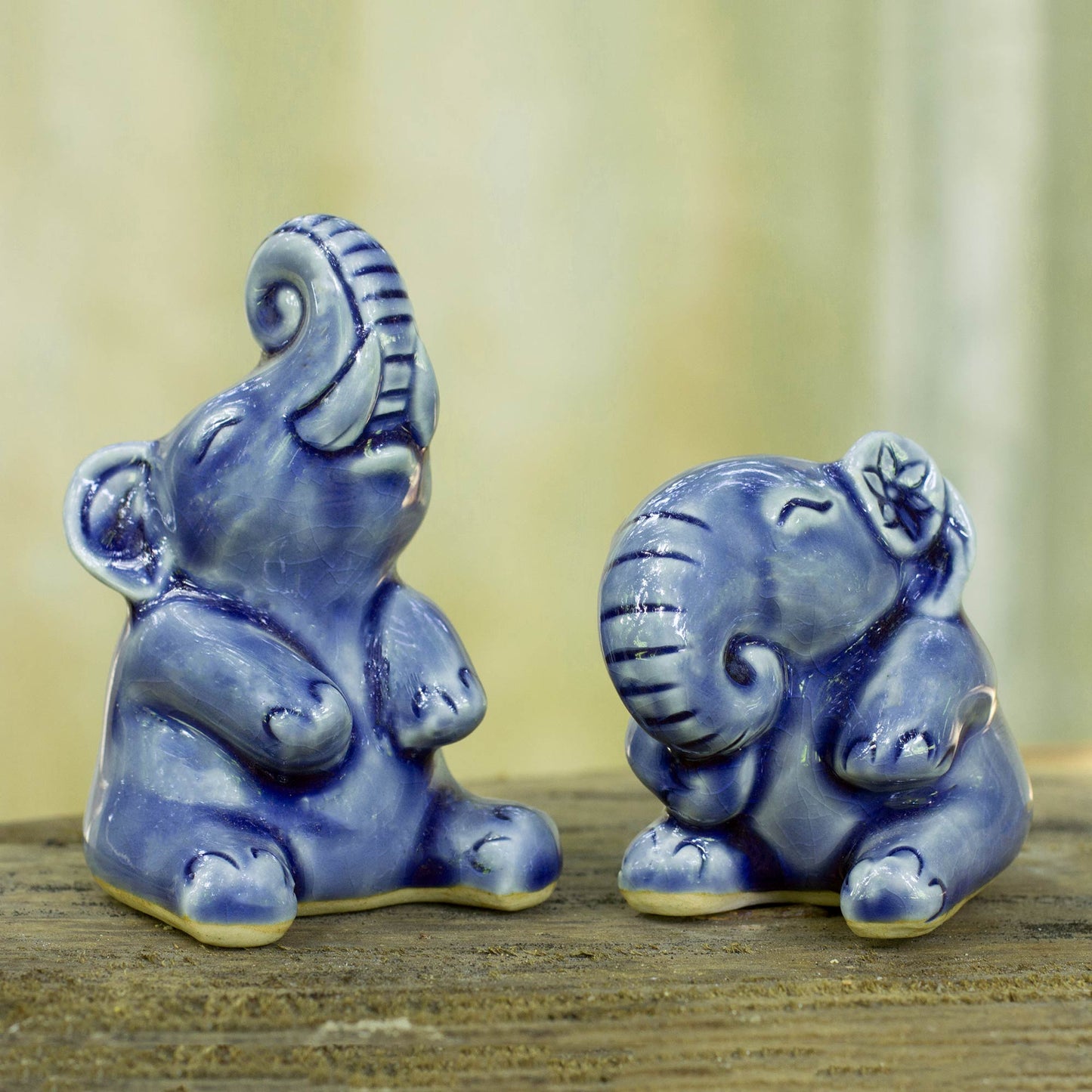 Happy Blue Elephants Hand Crafted Celadon Ceramic Sculptures (Pair)