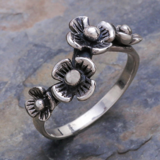 Daisy Quartet Artisan Crafted Floral Sterling Silver Band Ring