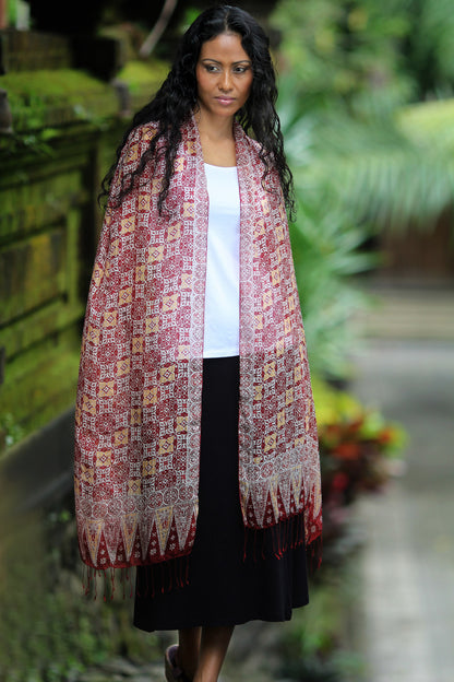 Red Lotus Floral Hand Crafted Batik Silk Shawl