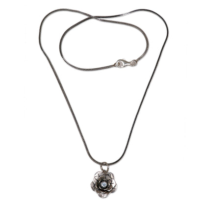 Holy Lotus Handcrafted Floral Silver and Blue Topaz Necklace