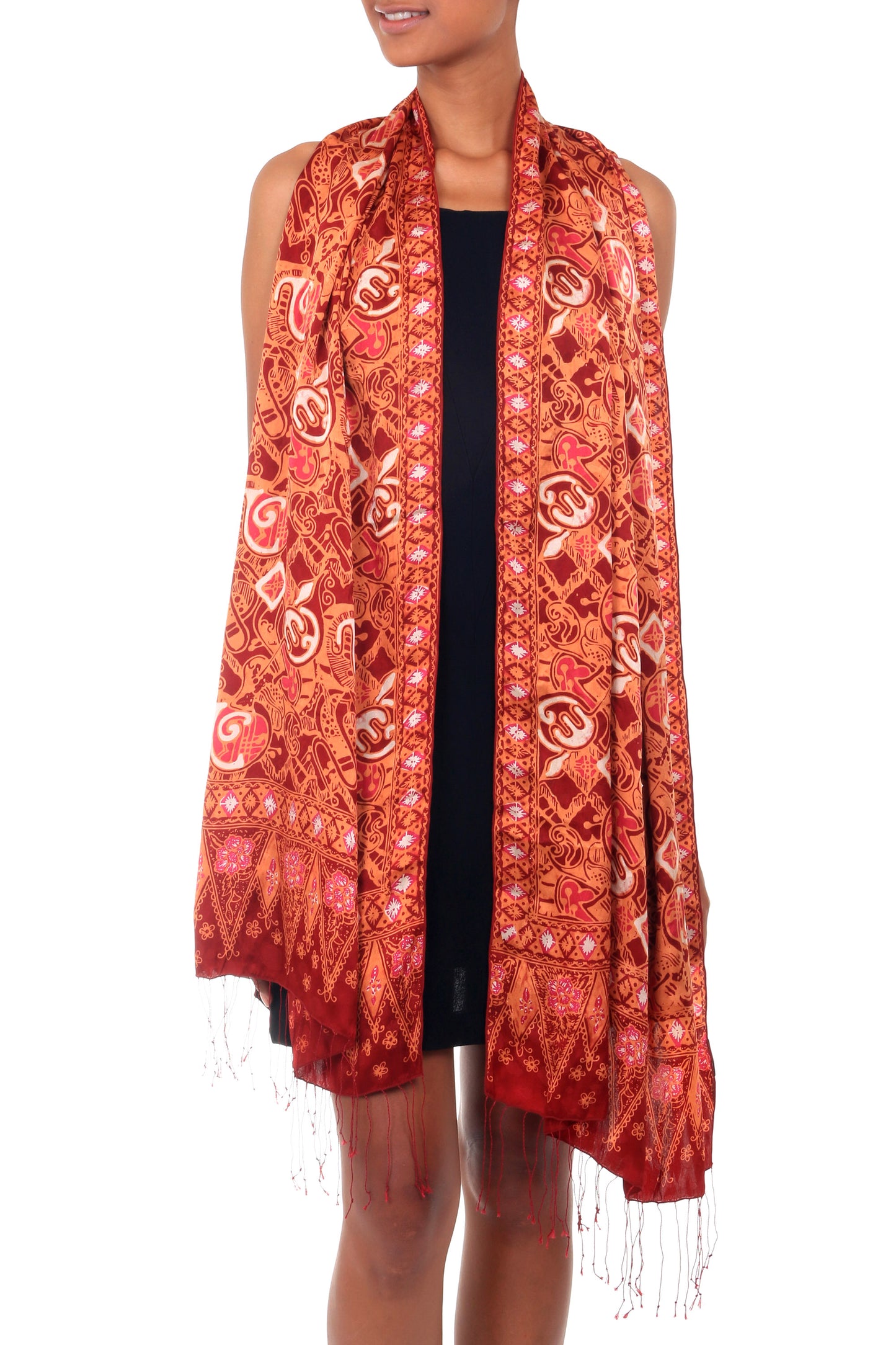 Red Modern Art Handmade Silk Batik Shawl