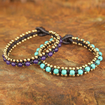 Blue Purple Aryuveda Hand Made Quartz and Resin Beaded Bracelets (Pair)