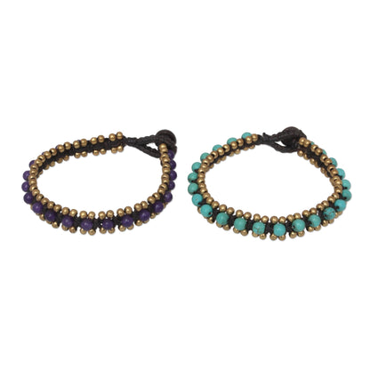 Blue Purple Aryuveda Hand Made Quartz and Resin Beaded Bracelets (Pair)