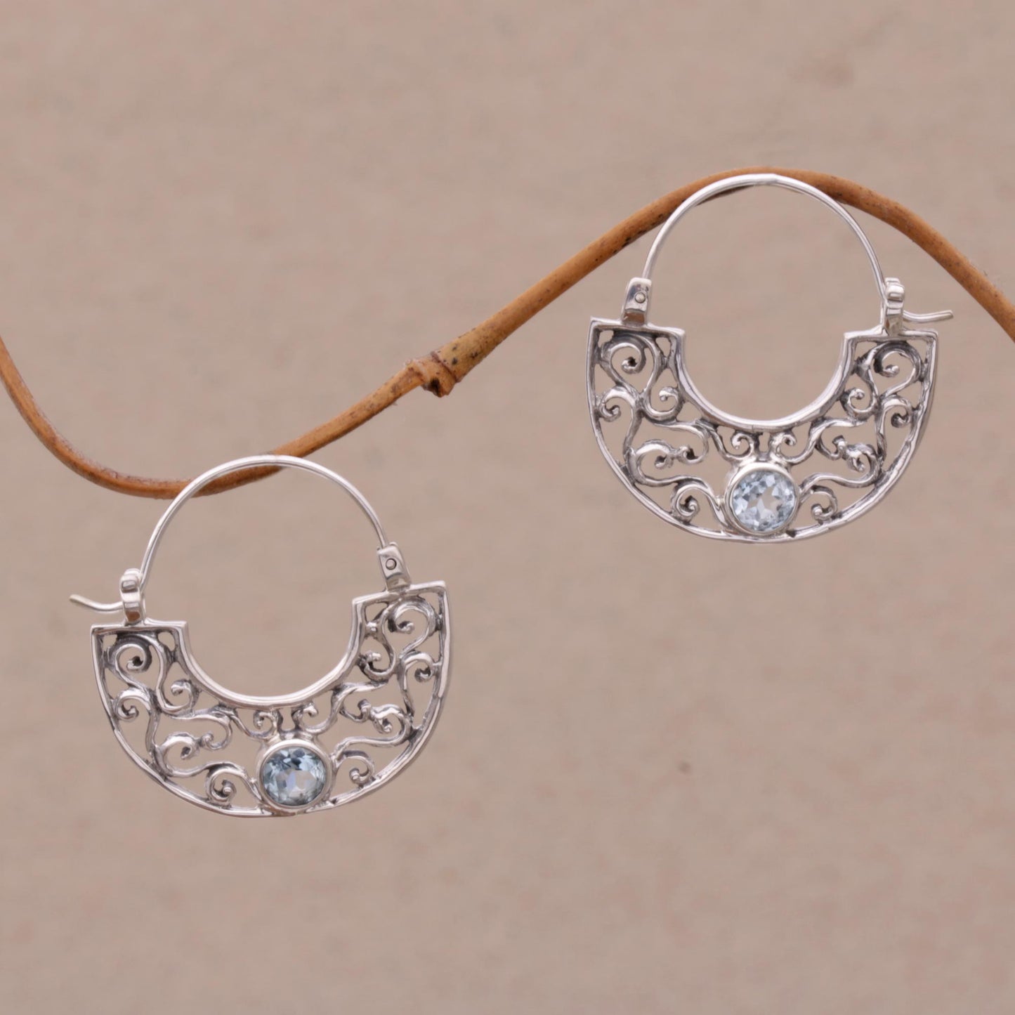 Blue Jasmine Topaz & Silver Hoop Earrings