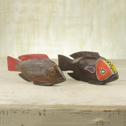 African Tilapia Fish Beaded Wood Sculptures (Pair)