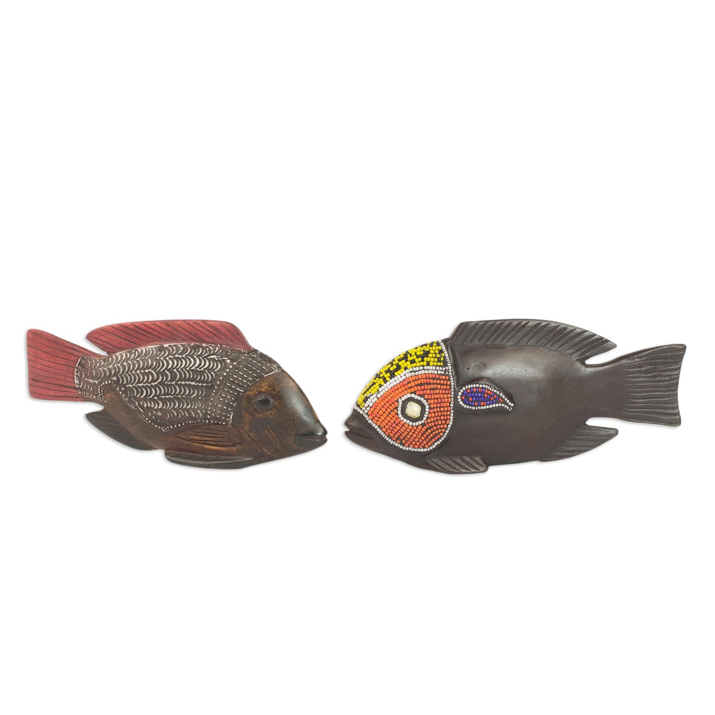 African Tilapia Fish Beaded Wood Sculptures (Pair)