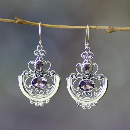 Balinese Goddess Sterling Silver and Amethyst Dangle Earrings