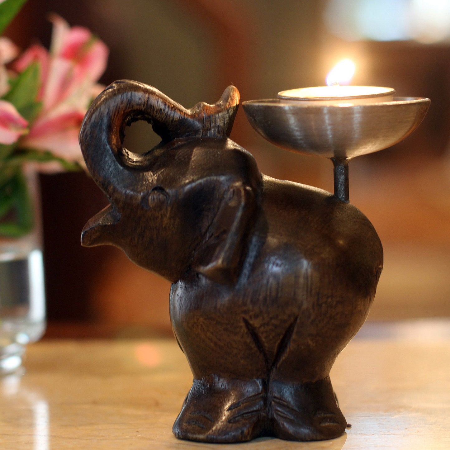 Elephant of Old Siam Fair Trade Mango Wood Candle Holder