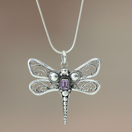 Lavender Dragonfly Amethyst Sterling Silver Necklace