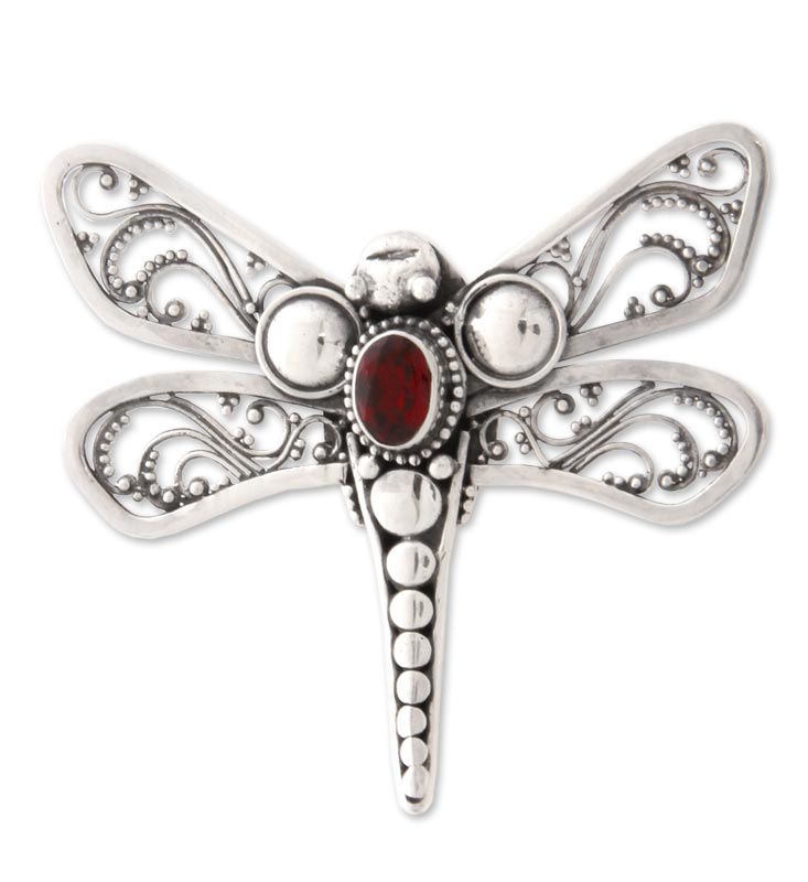 Scarlet Dragonfly Sterling Silver & Garnet Brooch