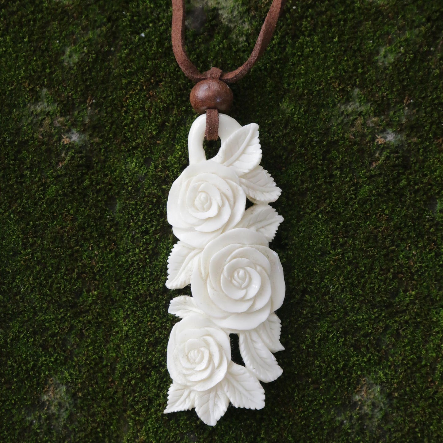 Rose Bouquet Carved Cow Bone Flower Necklace