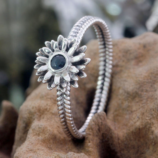 September Aster Floral Sterling Silver and Sapphire Ring