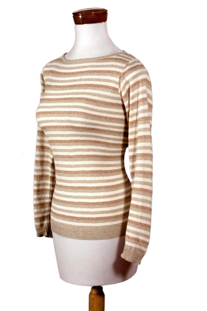 Horizon Women's Cotton Sweater with Ivory Jade Brown Stripes