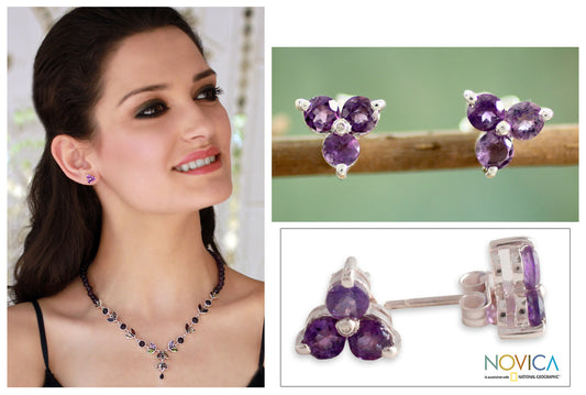 Charming Trio Silver and Amethyst Button Earrings