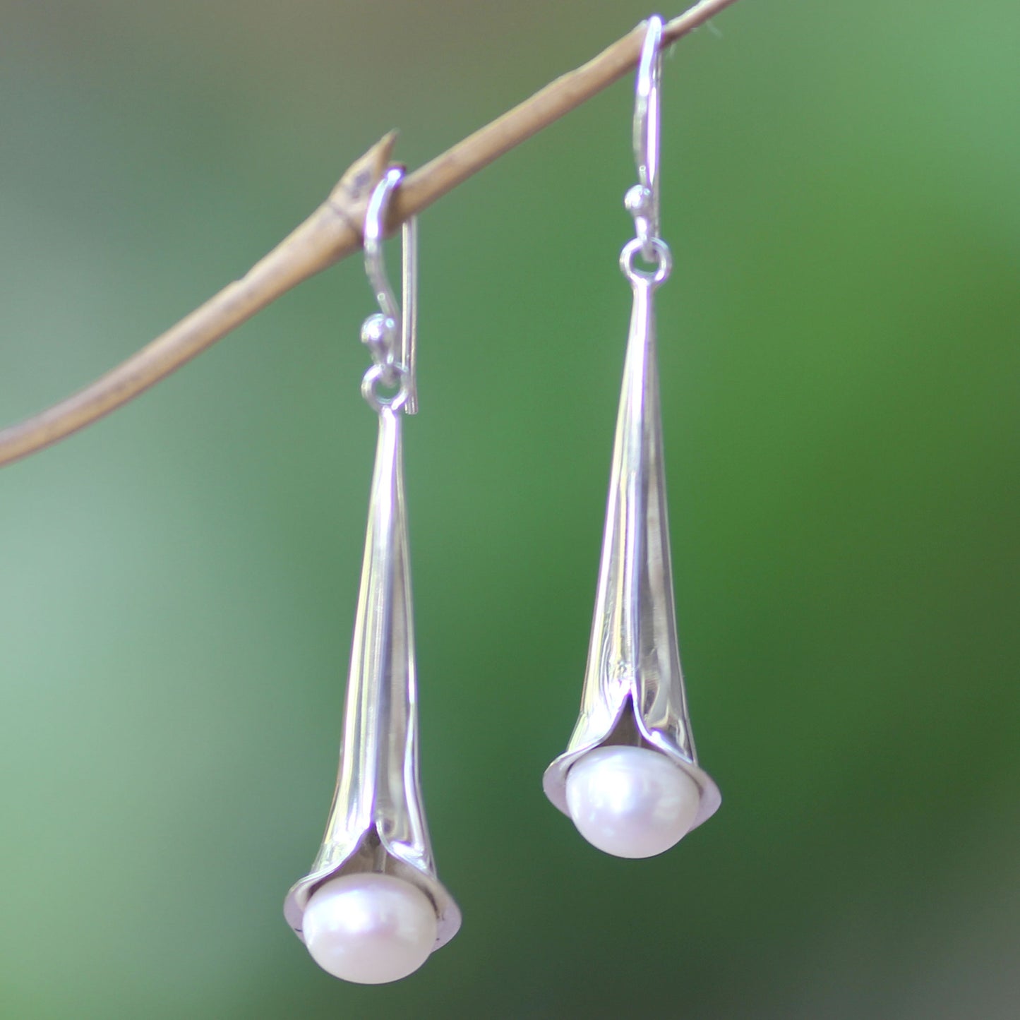 Trumpet Flower Silver & Pearl Dangle Earrings