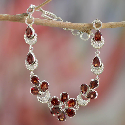 Cherry Blossom Floral Sterling Silver and Garnet Bracelet