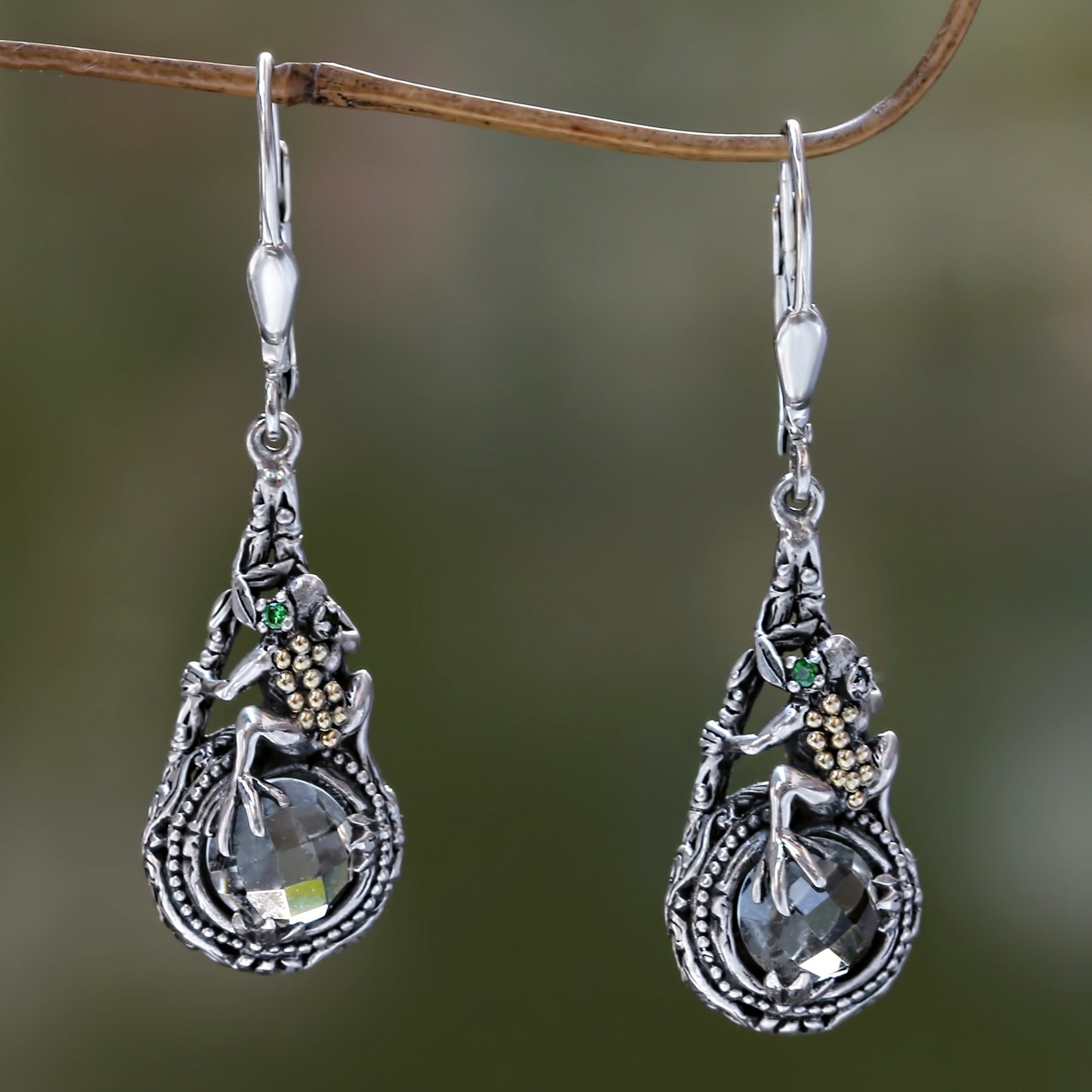 Tropical Frog Prasiolite and Sterling Silver Dangle Earrings