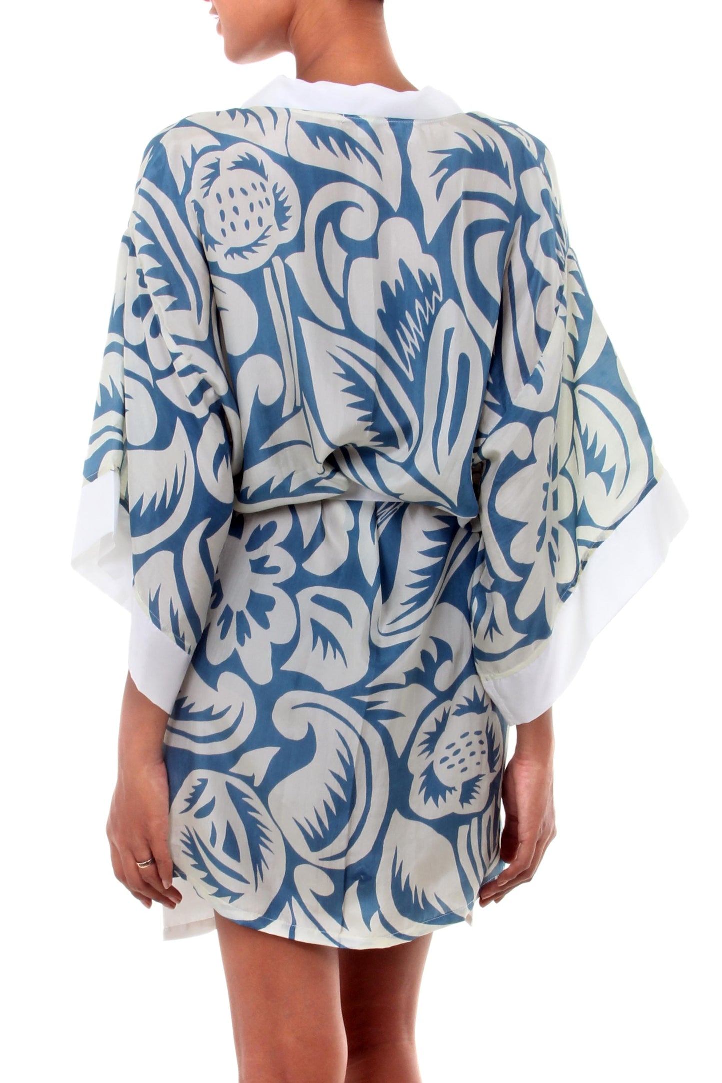 Floral Kimono Blue Silk Screen Print Tropical Hibiscus Women's Robe